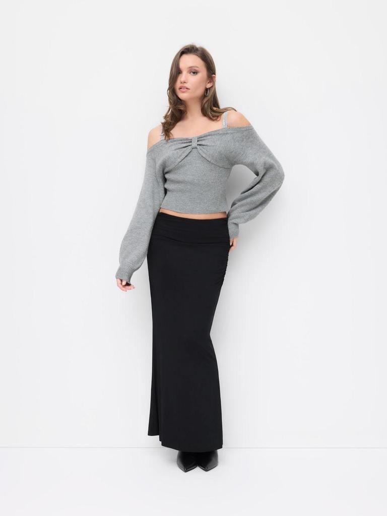 2026 Autumn/Winter European & American Lace Shoulder Strap Bow Waist-Cinched Lantern Sleeve Knit Sweater for Women