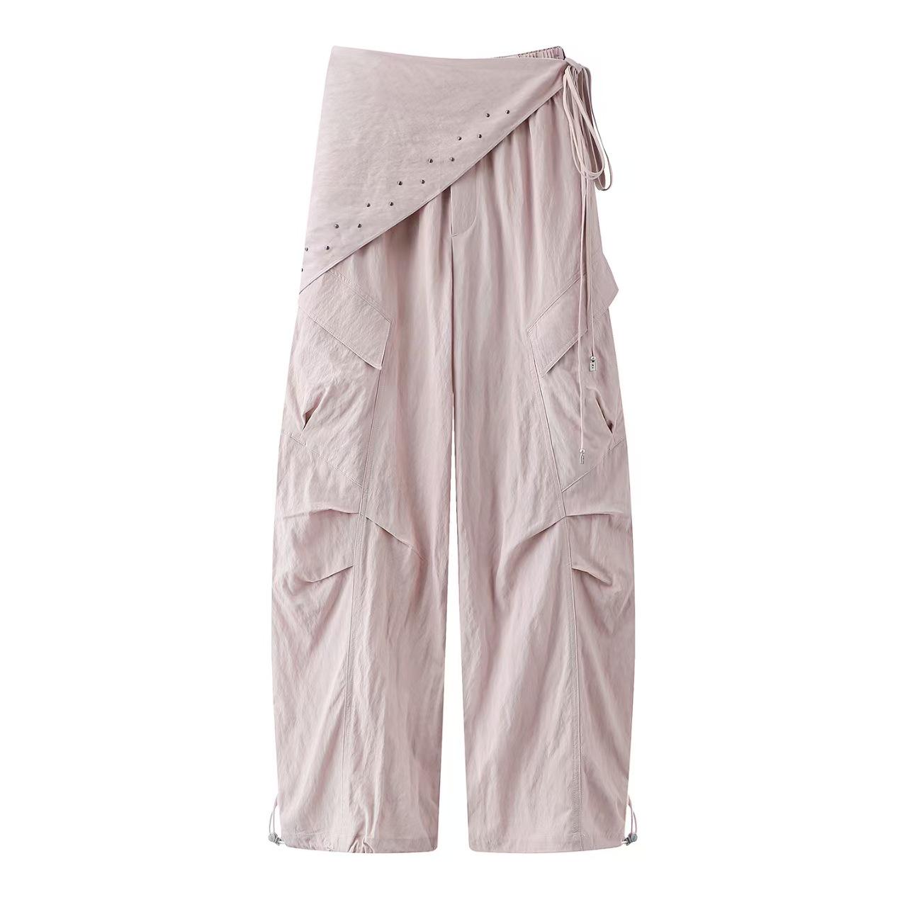 Spring 2026 New Arrival: Detachable Bib Multi-Pocket Pleated High-Waisted Casual Workwear Pants L розовый