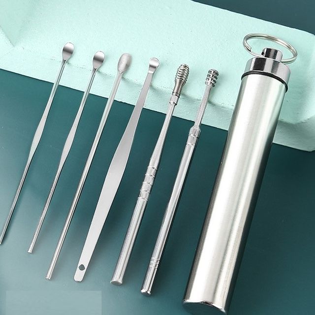 

Nommon - Set of 6: Stainless Steel Earpick with Case (various designs) With Iron Case - Silver