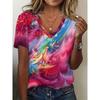 Fashion Youth Women's Vacation V Neck Tie Dye Graphic Print T-Shirt Polyester Casual Short Sleevetee Summer Relaxed Oversized T-Shirt