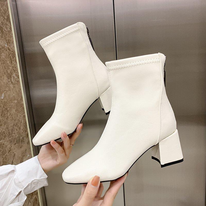 Dames Ensfarget Mote Høye Hæler med Glidelås bak Mote Støvletter Høye Støvletter Lærsko Midhøye Støvletter Damesko