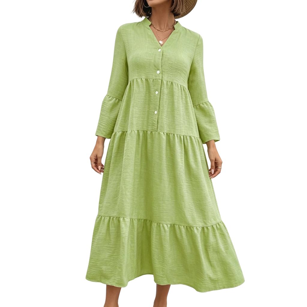 Damen Herbst Langarm Maxi Kleid V-Ausschnitt Aushöhlung Öse A-Linie Lang Lässig Partykleider