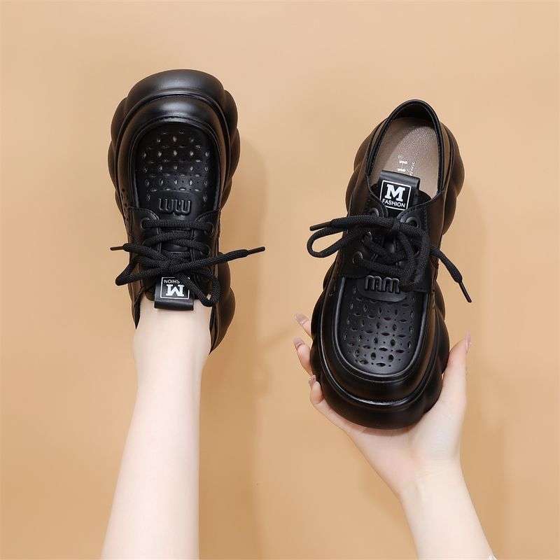 Damen Sommer hohle atmungsaktive Muffin-Schuhe neu vielseitig dicksohlige erhöhende Schnürschuhe einzelne Schuhe