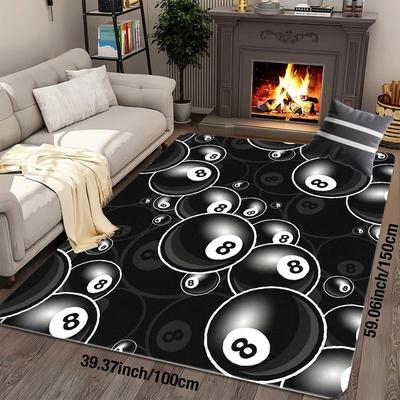 Flannel Printed 8 Ball Rug Black White Design Soft Fleece Floor Mat Living Room Carpet Game Decor Billiards Theme Rugs