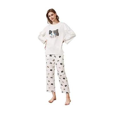 Rose Halcyon Pajamas, Women's, Room Wear, Sleepwear, Loungewear, Loose, 2-piece Set, Long Sleeve, Round Collar, Pants, Cotton, Cat, Cute, Simple,