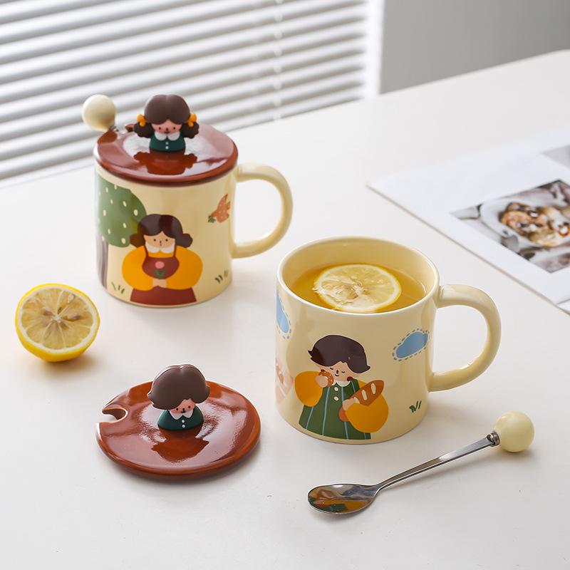 Milk Fufu Cartoon Cute Cup Girls Ceramic Mug Couple Water Cup Home Office Breakfast Cup with Lid Spoon