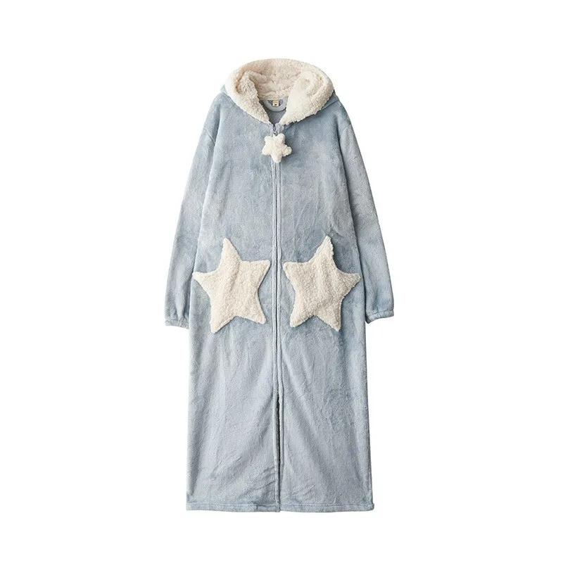 Couple Shower Robe Winter Sleepwear Star Hooded Long Bathrobe Warm Plush Man and Woman Terry Robe Korean New Pajamas Night Gown