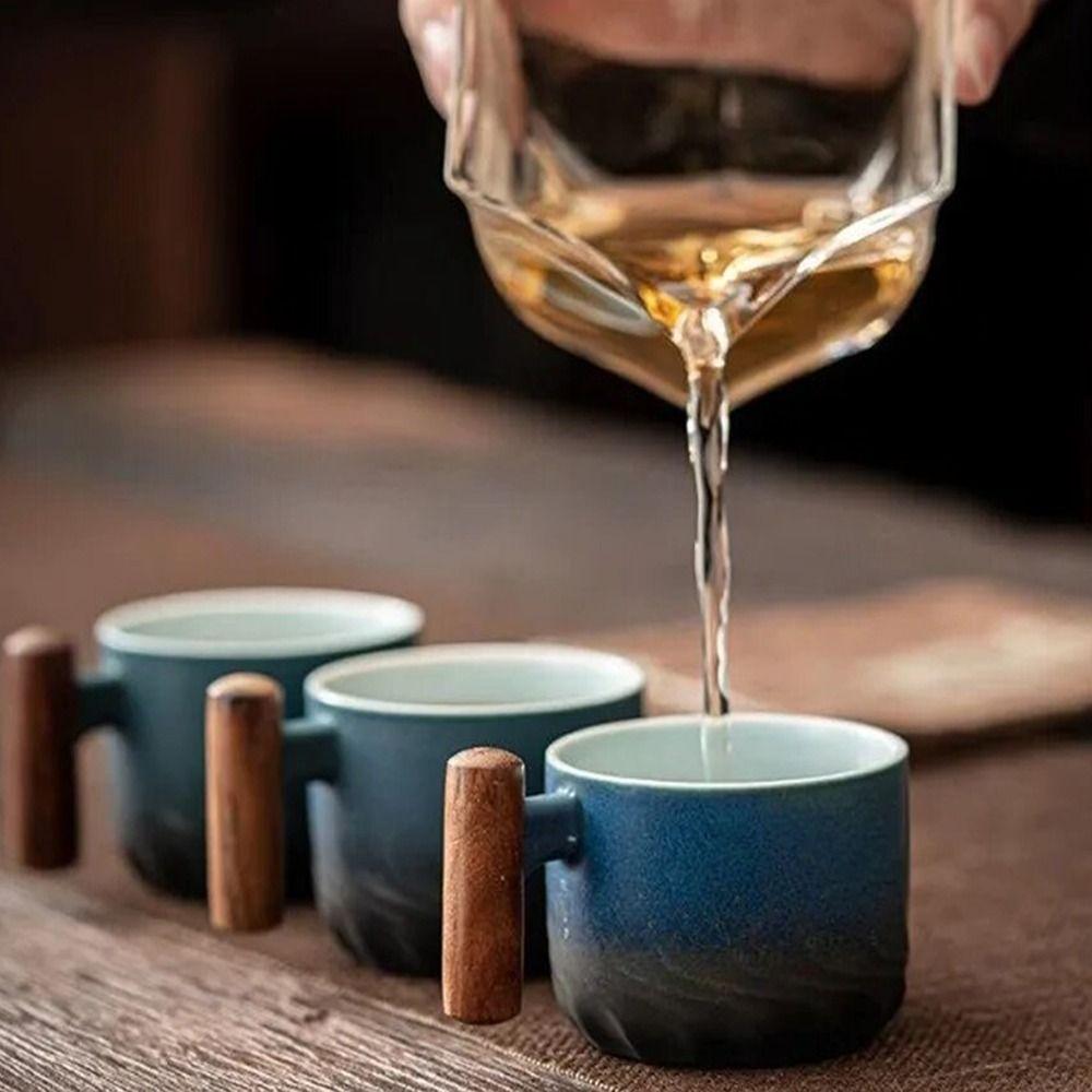 Wood Handle Tea Cup 60ml Water Cup Handmade Retro Ceramics Coffee Mug  Office