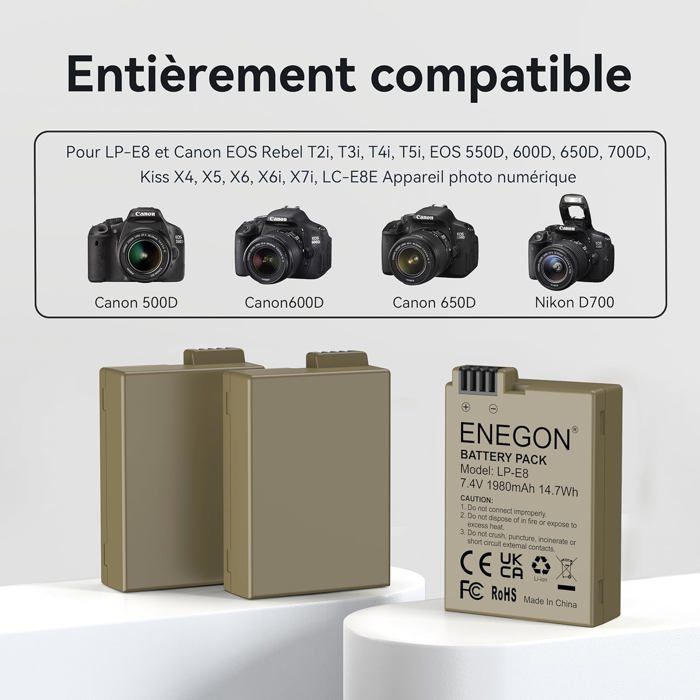 ENEGON Lot de 3 Batteries LP-E8 (1980mAh) + Chargeur LED 3 Ports pour Canon EOS Rebel T2i-T5i/Kiss X4-X7i/EOS 550D-700D