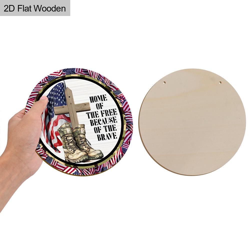 2D Flat 1pc Home of The Free Because of The Brave Wooden Hanging Sign - Patriotic Military Cross & Combat Boots Themed Rustic Door Plaque for Home