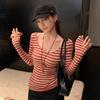 American Spicy Girl Striped U-Neck Long-Sleeve Stretch T-Shirt, Pure Desire Lyocell Base Layer for Spring & Autumn.