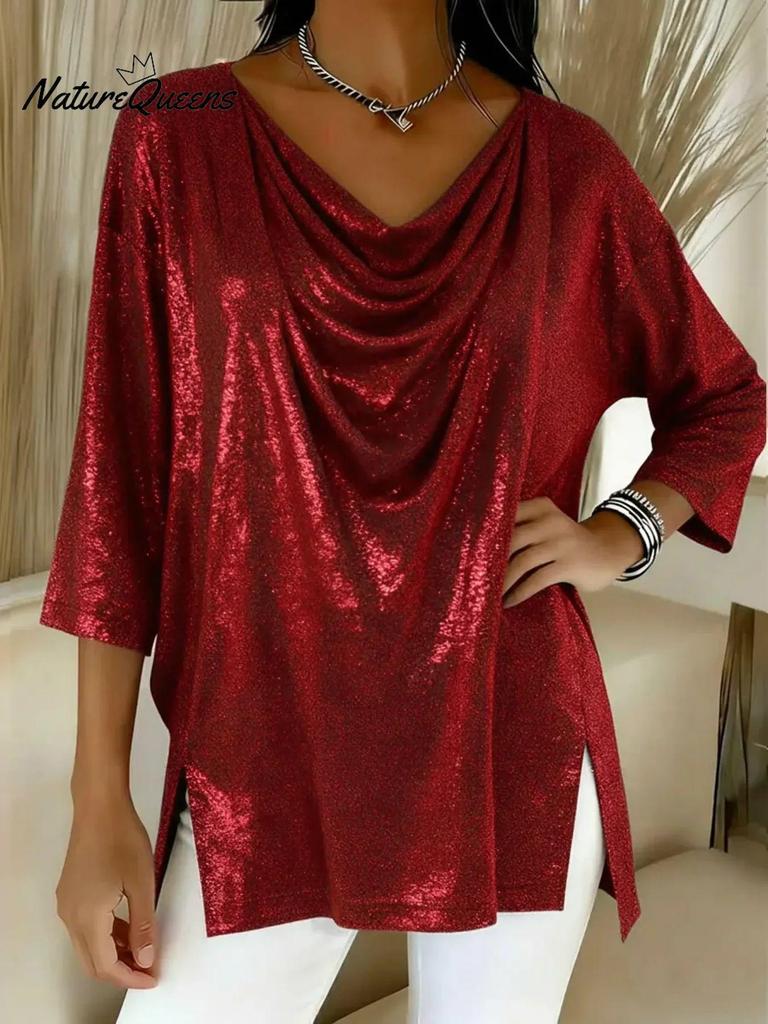 2025 Trendiges europäisch-amerikanisches Damen-Oberteil mit lockerem Stehkragen und Schlitz, Neun-Punkt-Ärmel