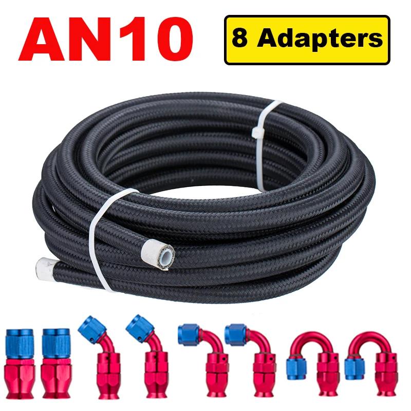 10FT 3M Universal AN4/6/8/10 PTFE Fuel Line Kit Nylon Stainless Steel Braided PTFE Fuel Hose with 8pcs Hose End Fitting Adapters