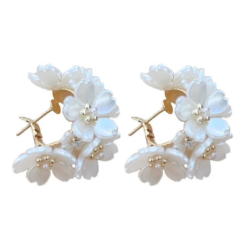 Latest Sweet Romantic Elegant White Flower Hoop Earrings | Stylish Shell Resin Delicate Pearl Flower Zircon Earrings | Trendy Versatile Jewellery
