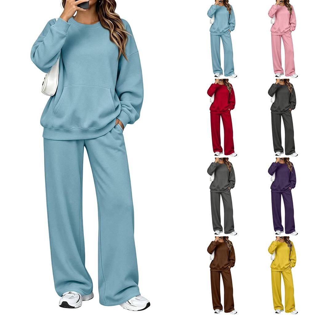 Women's Casual Neck Sweatshirt and Pants Set with Pockets, Fall Winter Comfortable Outfit