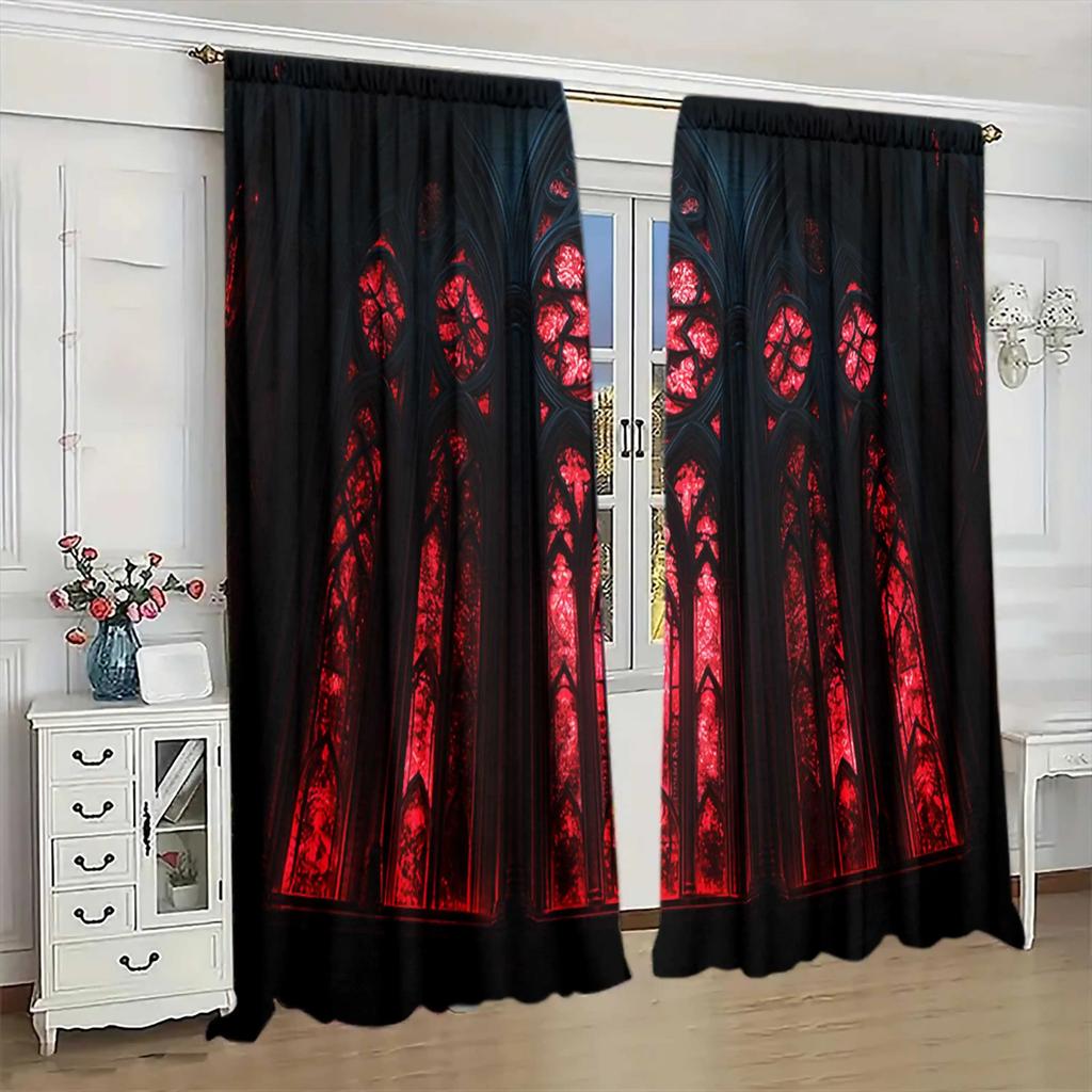 Set Of 2 Gothic Floral Window Curtains Polyester Halloween Decor Home Curtain Light Blocking Made With Rod Pocket