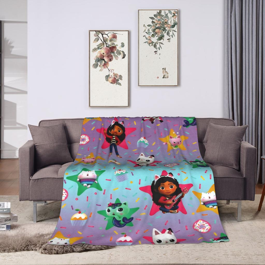 Cartoon Cute Gabby Dollhous Blanket  Decorative Flannel Bedding Throws For Couch Chair Sofa Bed Warm Soft Bedspread Gift Idea