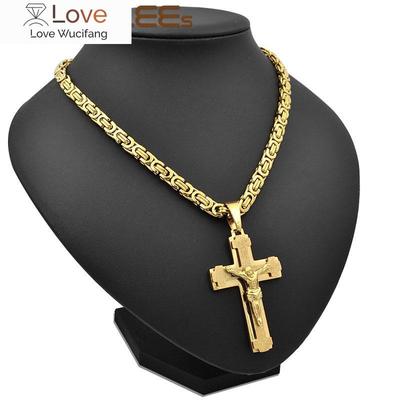 Colar com pingente de cruz de Jesus Cristo em aço inoxidável, corrente de elos bizantinos, cor prata, banhado a ouro, presente para homens e meninos Sp217