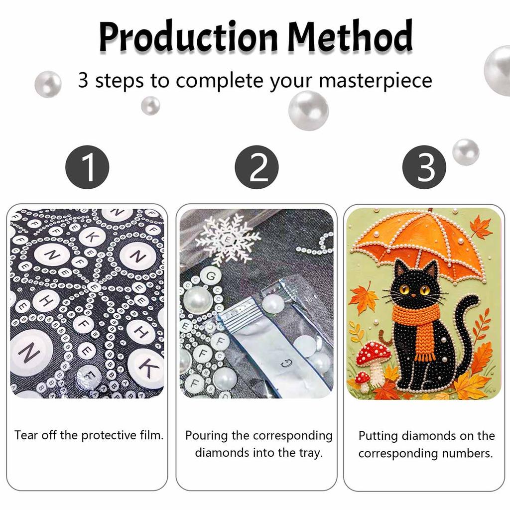 DIY Frameless Pearl Painting Kit Black Cat Autumn Umbrella Mushroom Leaves Pattern 3D Shiny Bead Art Canvas Relaxing Creative Craft Gift