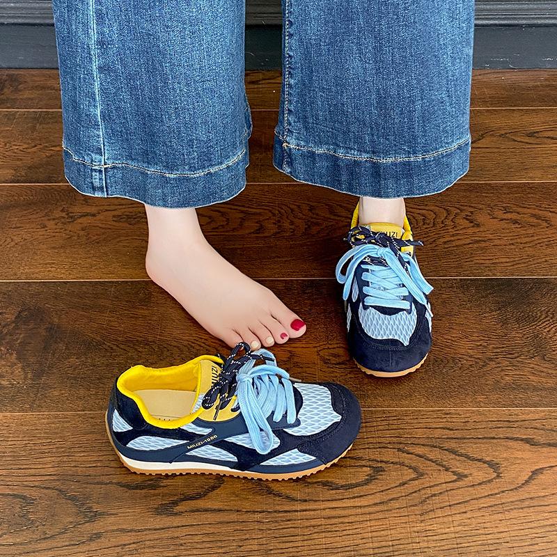 

Soso same 2025 summer mesh leather retro contrasting color ugly cute dopamine casual sports shoes German training shoes women 40 синий
