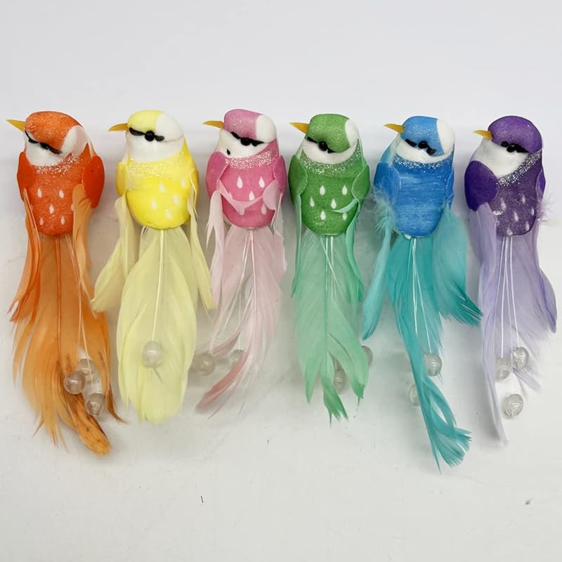 12pcs Artificial Simulation Foam Birds 5.1" Unique Fashion Clip On Decoration Bird with Pearl Feather Tail for Decoration Craft Ornaments Wedding