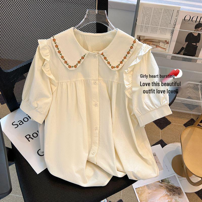 Women's Japanese-Style Sweet Embroidered Shirt with Doll Collar - Summer 2026