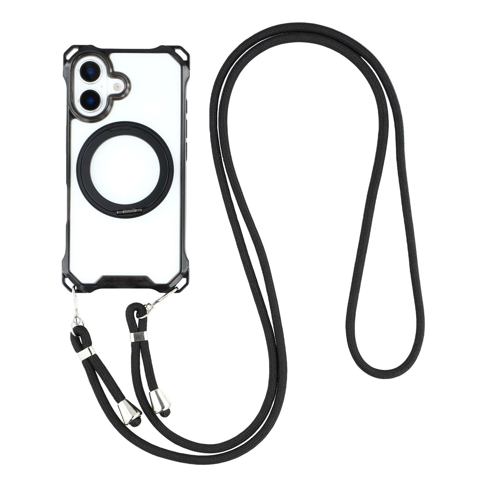 

For iPhone 16 Magnetic Case Ring Kickstand TPU+PC Phone Cover with Lanyard Black