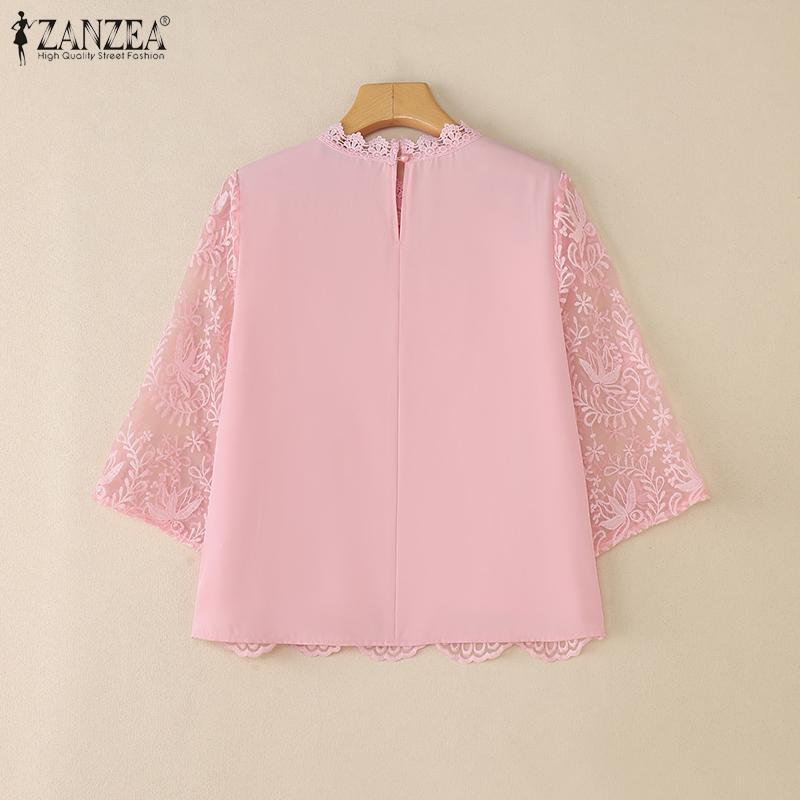 ZANZEA Damska letnia codzienna bluzka z rękawem 3/4, z haftowanym koronkowym patchworkiem