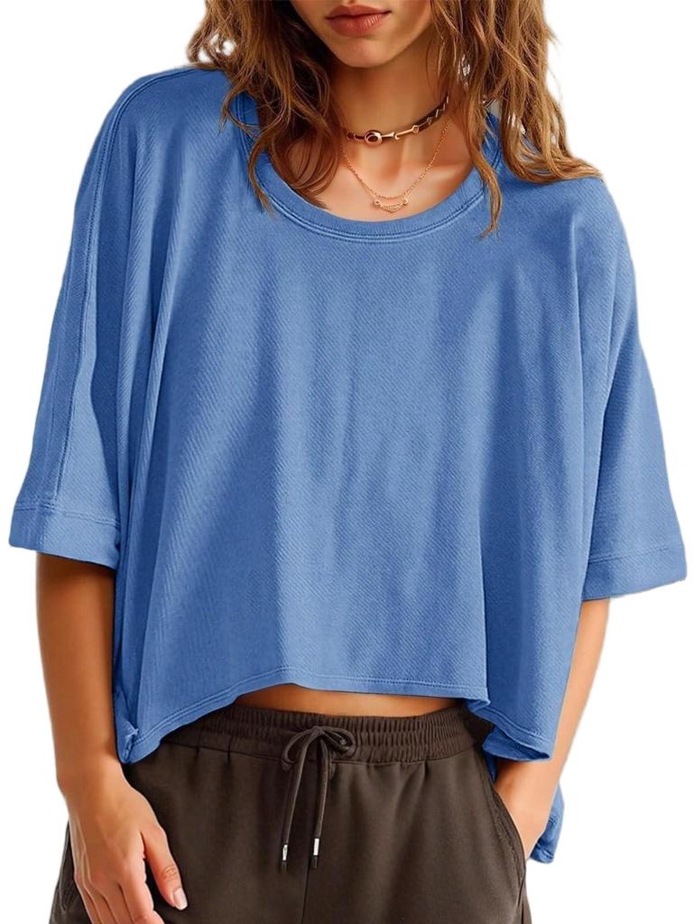 Women's Oversized Cropped T-Shirt Short Sleeve Loose Fit Summer Tee Top