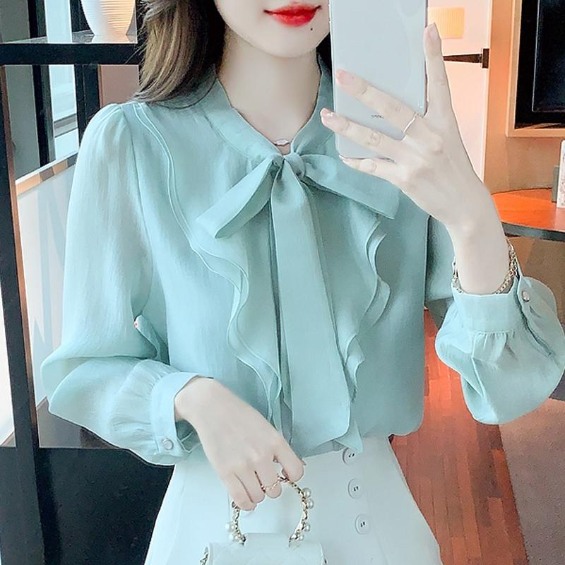 New Fashion Long Sleeve Bow Collar Ruffles Chiffon Blouse Shirt Women Tops J398