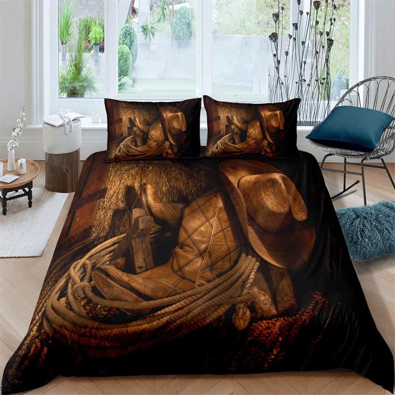 Western Cowboy Duvet Cover Rodeo Cowboy Riding Bull Horse Bedding Set Full For Boys Teen Microfiber Farmhouse Style Quilt Cover