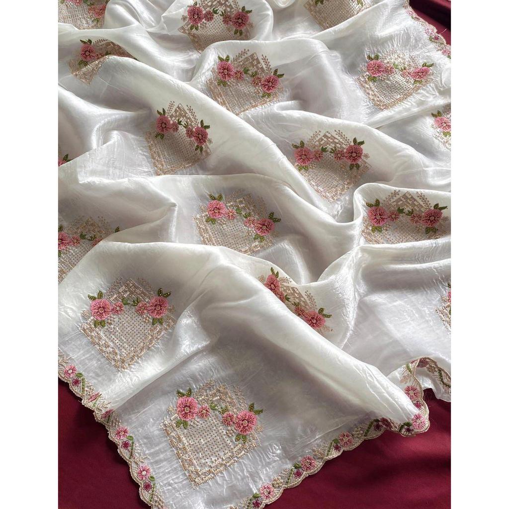 Pure Paper Silk Crush Saree  Beautiful Floral Embroidery All Over