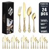 Royal Court 24-Piece Stainless Steel Cutlery Set - Embossed Hollow Steak Knives, Forks, and Spoons