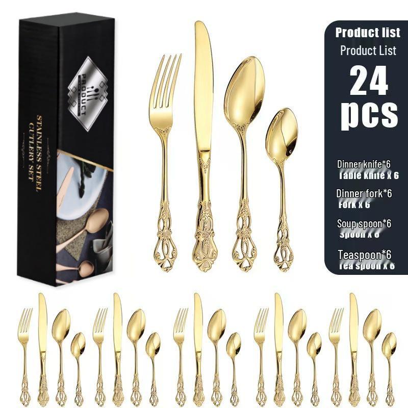 Royal Court 24-Piece Stainless Steel Cutlery Set - Embossed Hollow Steak Knives, Forks, and Spoons