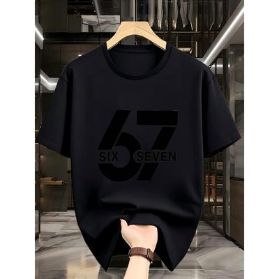 Men's Short Sleeve T-Shirt with Number 67 Print - Round Neck Summer Casual Attire Top, Machine Washable Casual Outfits for Men's Basic Wardrobe Staple