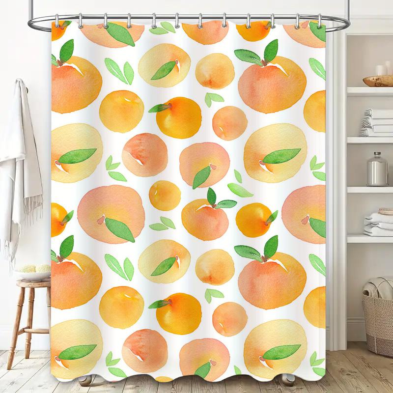 Vibrant Watercolor Fruits Shower Curtain Peach Orange Printed Fabric for Bathroom Decorations in White Background Design.