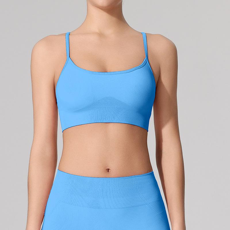 

Топ-бра на тонких бретелях с перекрещенной спинкой телесного цвета для йоги, фитнеса и бега Medium флуоресцентный синий