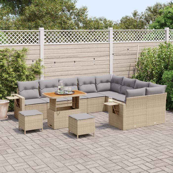 Ensemble de Canapés de Jardin de 12 pièces avec Coussins Beige Poly Rattan Acacia, Ensemble de Salle à Manger de Jardin de 3 3363737
