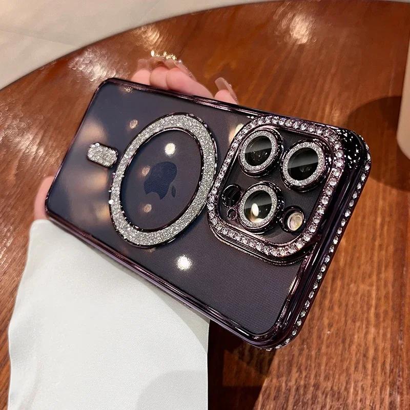 Luxury Pink Diamond Glitter Clear Plating Case For IPhone 15 11 12 13 14 Pro Max Plus Magsafe Magnetic Wireless Charging Cover