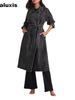 New In Autumn Winter Women's Denim Cotton Solid Color Double Pocket Long Sleeve Loose Tie Closure Coat