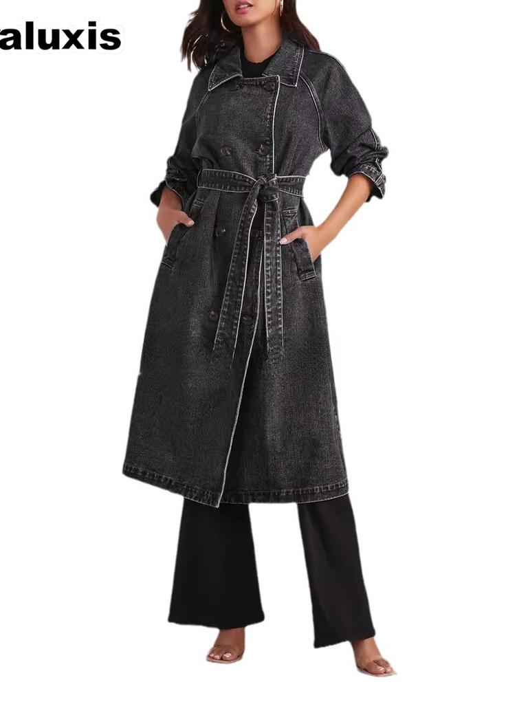 New In Autumn Winter Women's Denim Cotton Solid Color Double Pocket Long Sleeve Loose Tie Closure Coat