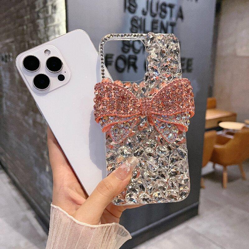 Luxurious Full Diamond Three-dimensional Bow Suitable for Apple 16promax Mobile Phone Case Ipnoe15 Gem 14 13 Women 17