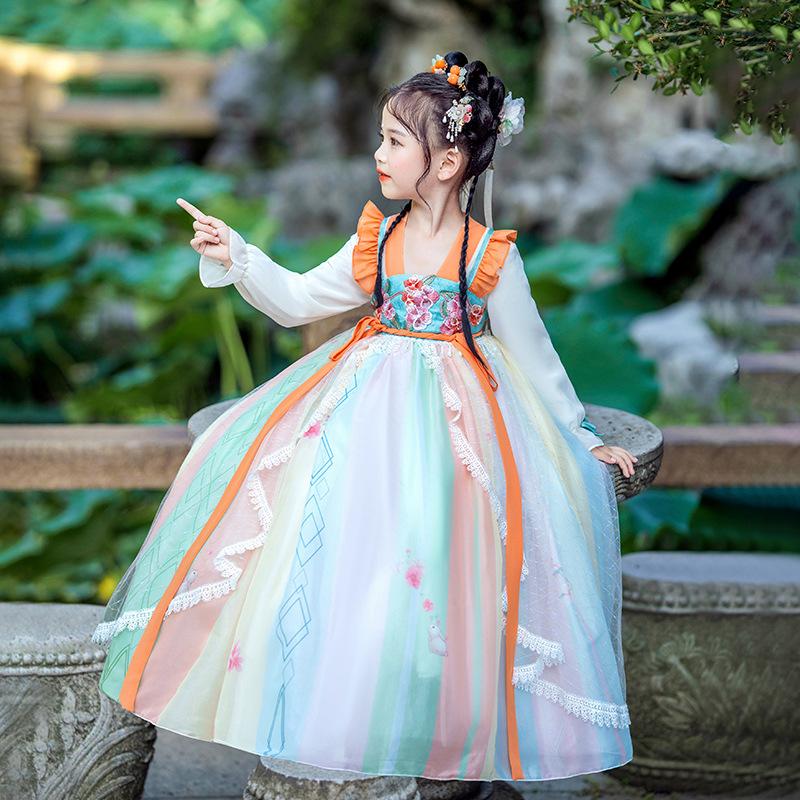 

Древний костюм ханьфу для девочек, детское платье для маленьких девочек в китайском стиле, платье Тан, юбка принцессы, национальный костюм, детский 160cm оранжевый