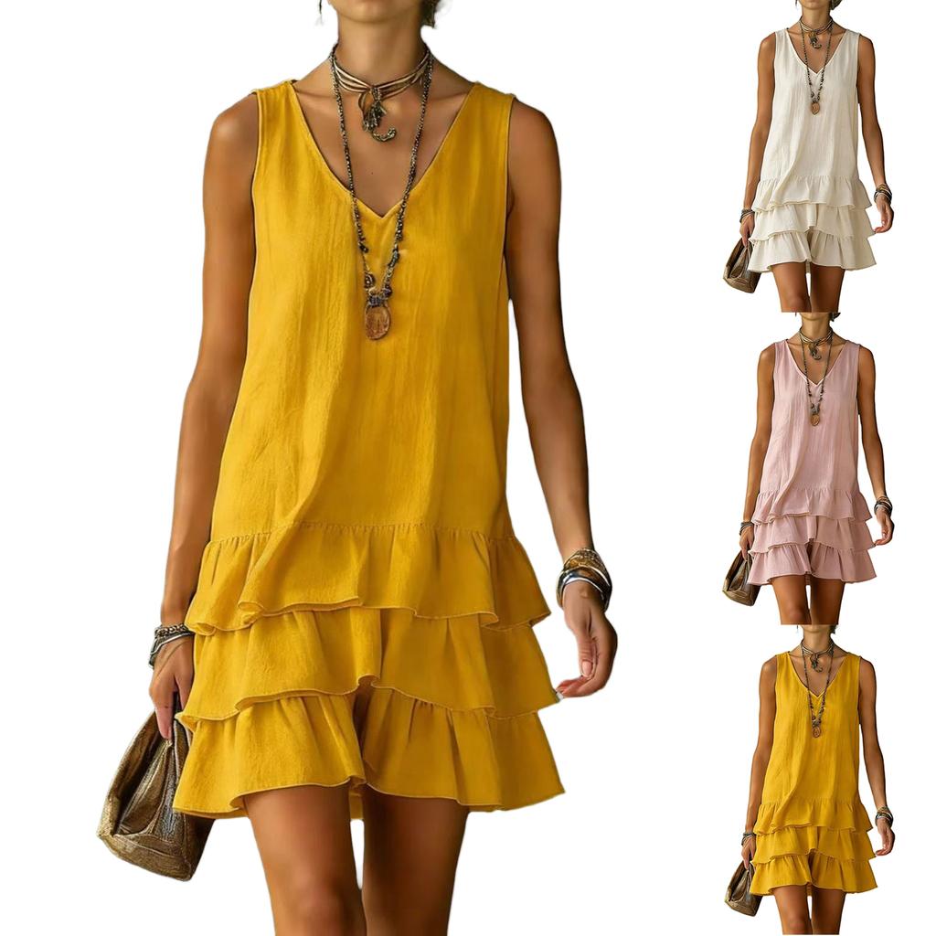 Sleeveless V Neck Layered Ruffle Hem Dress Lightweight Linen Cotton Blend Casual Summer Dress for Women