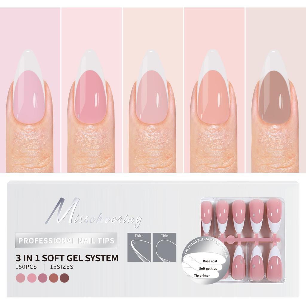 150Pcs Almond Press On Nails 3 in 1 Soft Gel Tips 5Colors Full Cover Fake False Extension Capsule Sculpted Tip Salon DIY