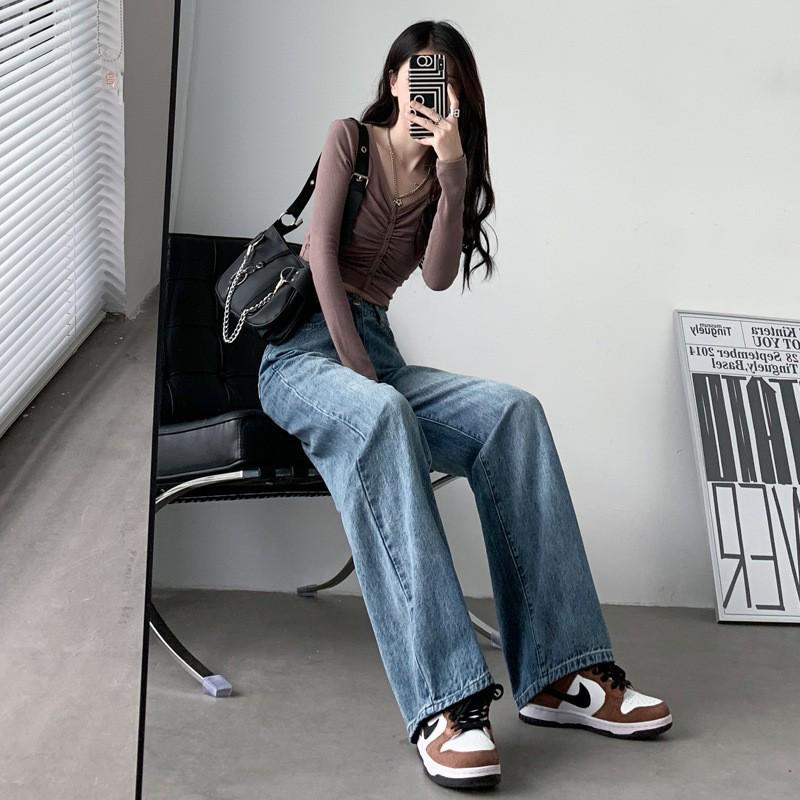 2024 Wide-Leg High-Waisted Black Jeans for Pear-Shaped Women - Spring/Autumn Floor-Length, Slimming Drape Effect