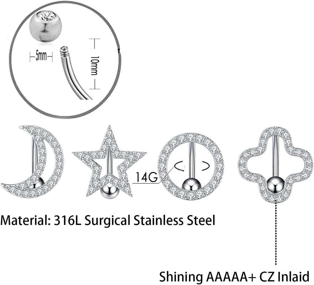 Reversed Bar Star Moon Four-leaf Clover Navel Piercing Nombril for Women Girl Crystal Belly Button Ring Inverted Barbell Jewelry
