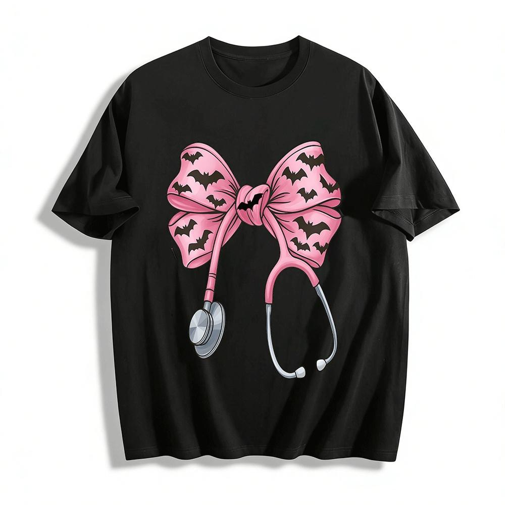Halloween Pink Bat Stethoscope Bow Nurse Themed Print Top Pure cotton T-shirt XXS