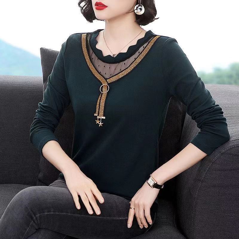New Women's Top Spring and Autumn Base Shirt for Women Korean Loose Lace Shirt Middle-aged Mother's Long-sleeved Shirt