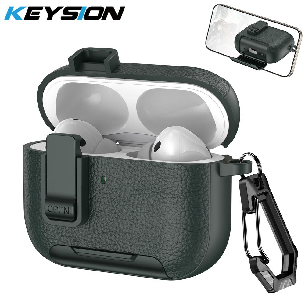 KEYSION with Carabiner Lock Phone Stand Protective Earphone Case for AirPods Pro 3 Pro 2 Soft TPU+PC Shockproof Cover for AirPods 4 3 2 1